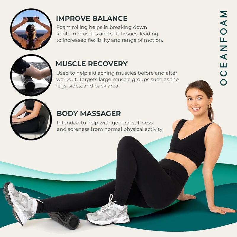 Oceanfoam Ripple Travel Foam Roller (11" x 3.35") Firm Mini Foam Roller for Physical Therapy, Deep Tissue Massage, Back Pain - High Density, Ergonomic Wave Textured - Yoga, Pilates, Exercise (Black) - Image 4